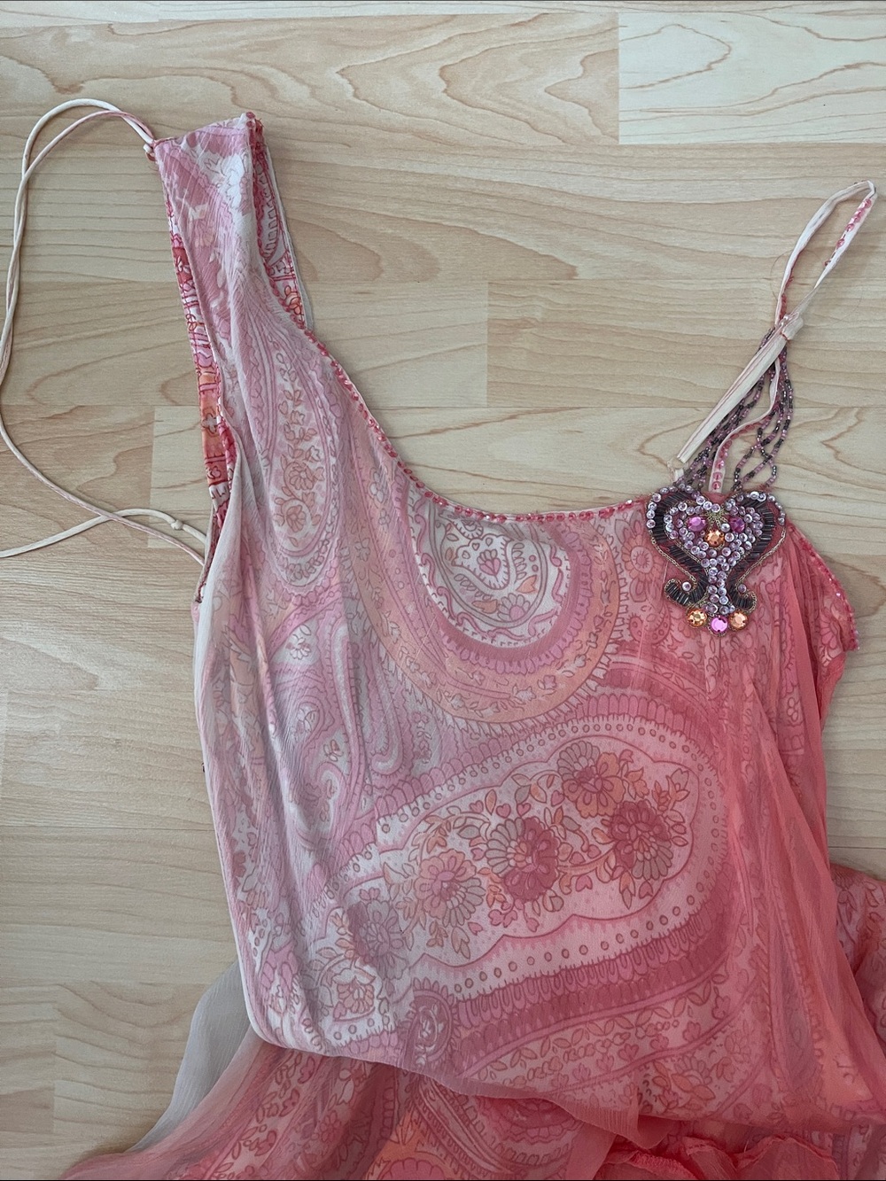 One-Shoulder Coral Paisley Evening Gown with Embellished Strap